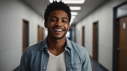 Happy young man in office corridor