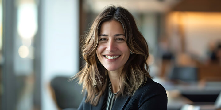 A portrait of a happy, smiling businesswoman with a confident, professional demeanor, exuding positivity and success, captured in a moment of genuine joy and accomplishment in the workplace