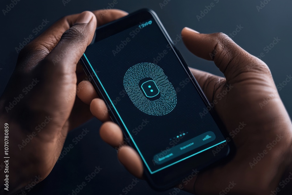 Poster hands holding smartphone for digital wallet authentication in finance context