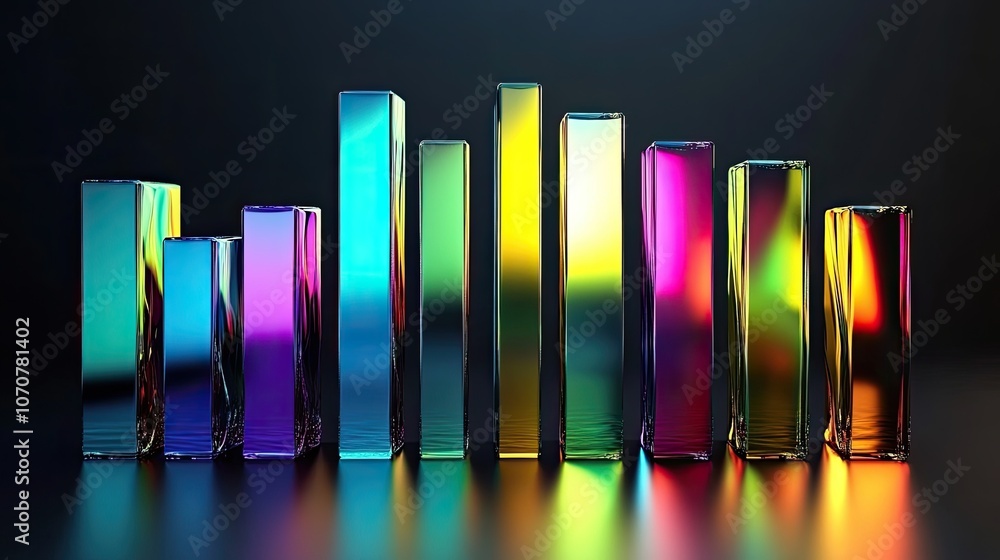 Poster metallic-edged prisms with colorful reflections, dark gradient background creating a striking 3d vis