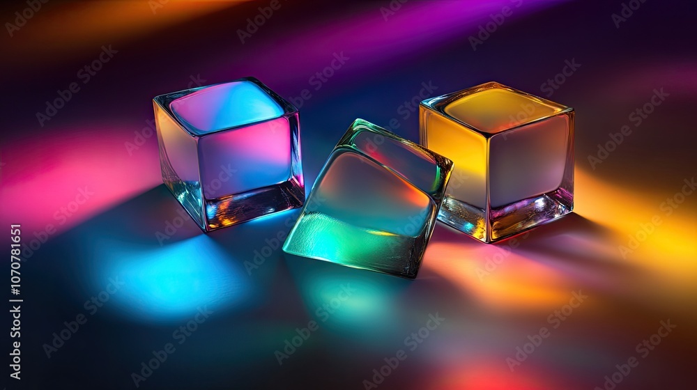 Poster metallic-edged prisms with colorful reflections, dark gradient background creating a striking 3d vis