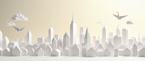 A cityscape entirely made of white origami buildings with skyscrapers and houses carefully folded into intricate shapes.