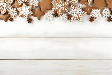 Fototapeta premium A festive arrangement of gingerbread cookies shaped like stars and snowflakes on a wooden background.
