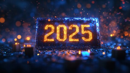 Digital countdown clock displaying "2025" on a midnight sky full of abstract glitter and lights.