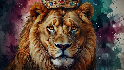 Fototapeta premium portrait of a lion wearing crown - the king of animals, Leadership