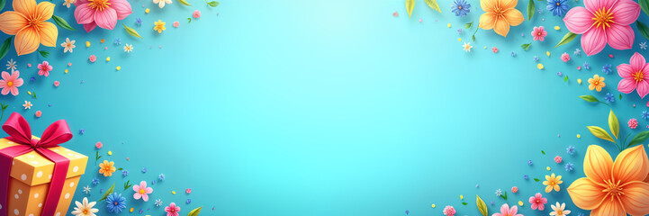 Obraz premium Greeting card. Vibrant and colorful background with a large, empty space in the center, surrounded by a border of flowers and gifts.