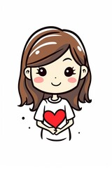 Cute cartoon girl with a heart on her shirt, smiling warmly.