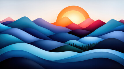 Vibrant sunset over layered mountains in soft blue and purple hues