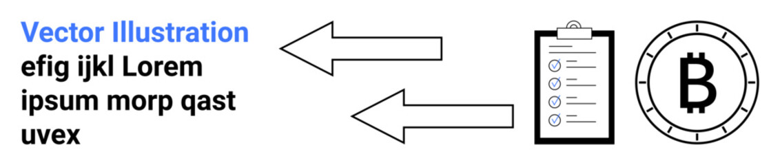 Arrows pointing at checklist, cryptocurrency symbol, and text. Ideal for workflow optimization, process mapping, business planning, task management, cryptocurrency, technology, and digital marketing