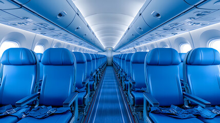 Fototapeta premium Inside modern airplane cabin with rows of empty seats