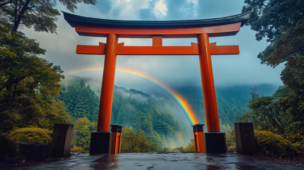 Naklejka premium red wooden japanese Torii Gate with rainbow 