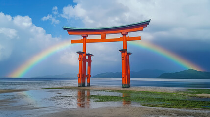  red wooden japanese Torii Gate with rainbow	