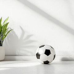 White and black soccer ball sits on a white floor in front of a plant. The scene is simple and uncluttered, with the focus on the soccer ball