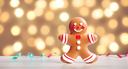 A cheerful gingerbread man stands against a festive, blurred background with lights.