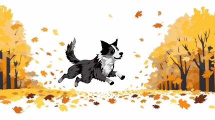 Illustrated black and white dog joyfully leaps through a vibrant autumn forest with falling leaves.