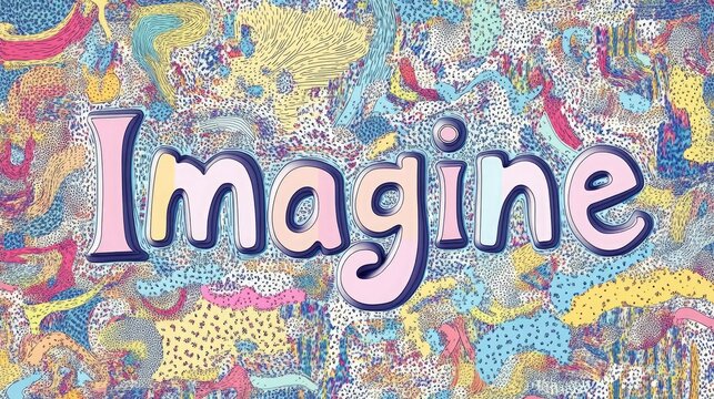 The word "Imagine" created with a playful font, layered with colorful patterns and textures that evoke creativity.