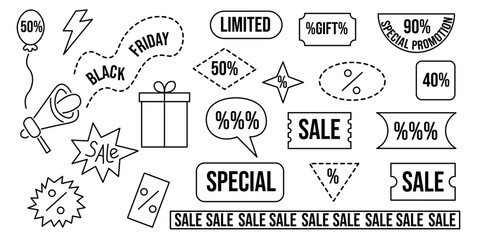 black friday discount vector objects set in line doodle style. Elements for decor banner label icons stickers