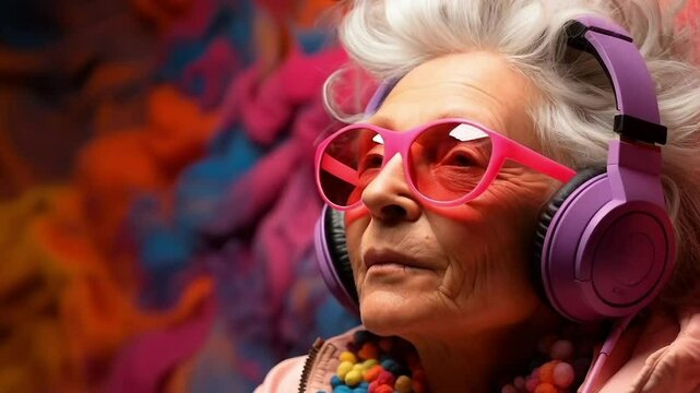 Portrait of eccentric elderly woman listening to music on headphones.