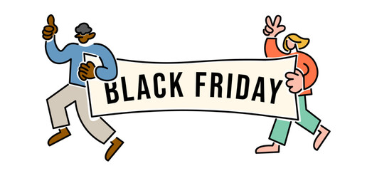 two person walk with a black friday's banner in flat style in vector. Illustration for banner sticker poster print