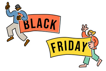 two person walk with a black friday's banner in flat style in vector. Illustration for banner sticker poster print