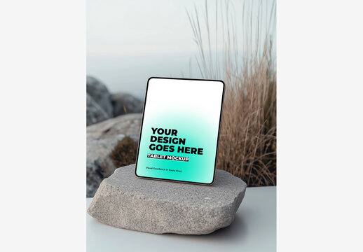 Captivating Tablet Mockup: Tablet Computer on Ocean Rock with Beach & Plant in Soft Blue Hues Tablet Mockup Generative AI