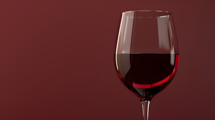 A glass of red wine close-up on a burgundy background copyspace