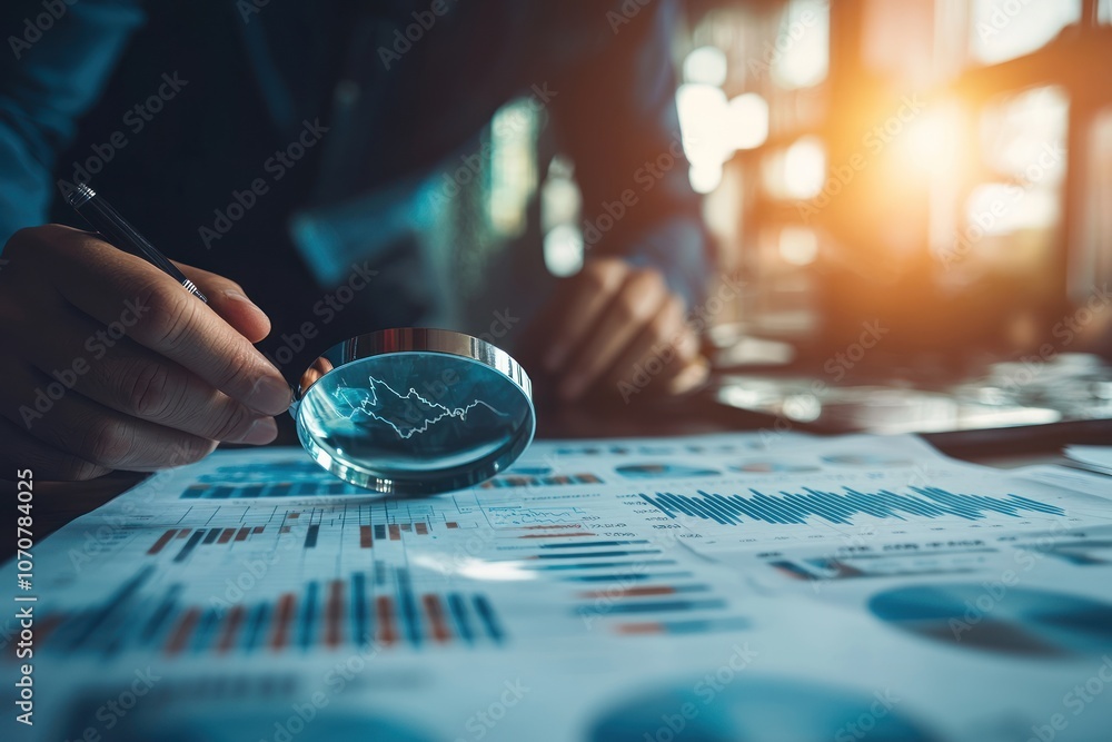 Poster a hand using a magnifying glass to examine a business graph