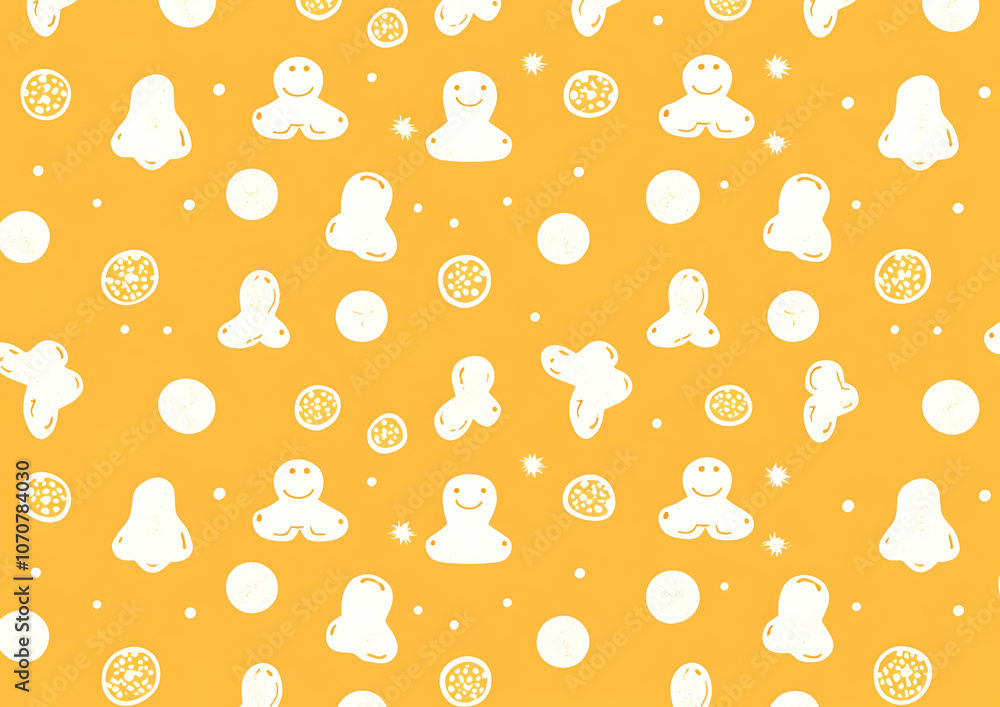 Poster A playful pattern featuring smiling characters and various circular shapes on a bright yellow background.