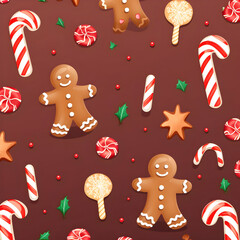 A festive pattern featuring gingerbread cookies, candy canes, and holiday sweets.