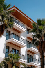 Fototapeta premium Modern residential building with balconies surrounded by palm trees in sunny weather