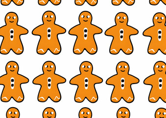 A repeating pattern of cheerful gingerbread men with smiling faces and simple designs.