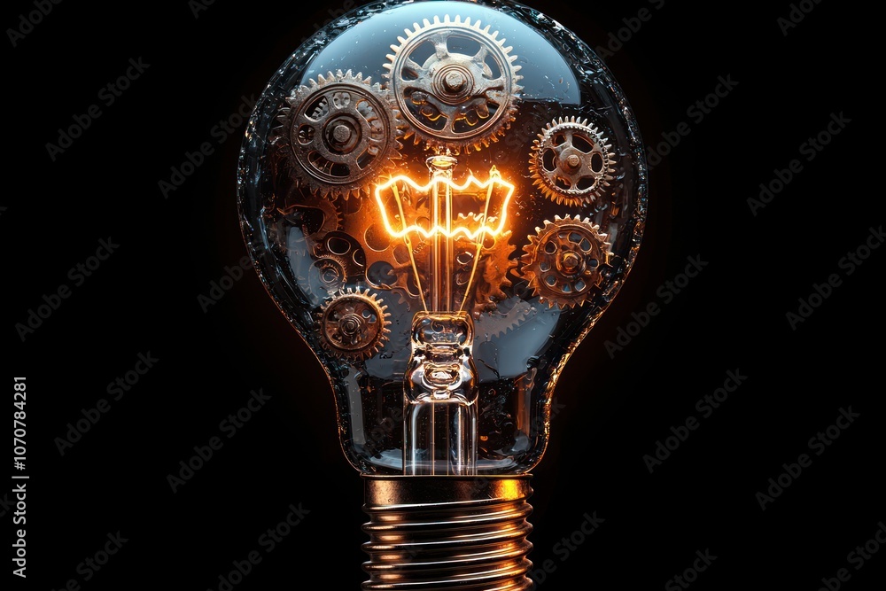 Poster a light bulb filled with gears glowing with an orange light