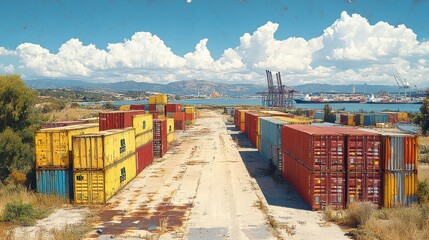 Stacked Shipping Containers at Port Under Sunlit Sky