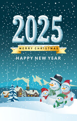 merry xmas happy new year snowman family village mountain snowflake 2025