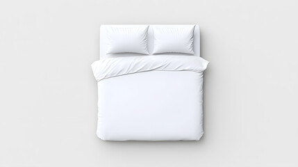 Blank white bed mock up, top view isolated on white background. Empty blanket and pillows mockup in bedstead