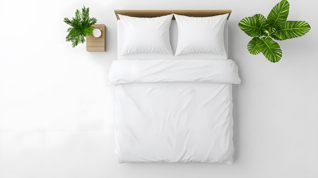 Blank white bed mock up, top view isolated on white background. Empty blanket and pillows mockup in bedstead