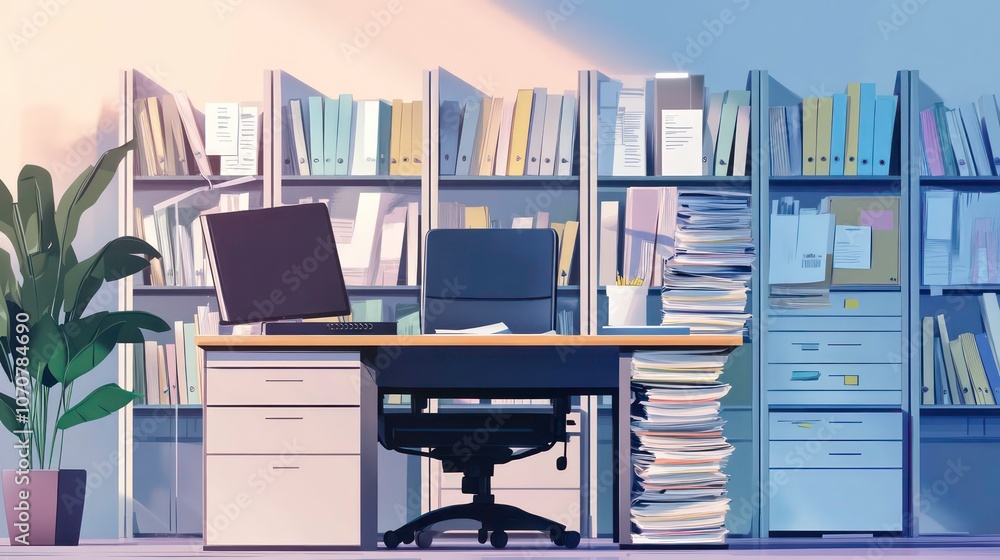 Poster Workplace in an office with stacks of paper files and documents in folders behind the desk. Document flow and work process organization