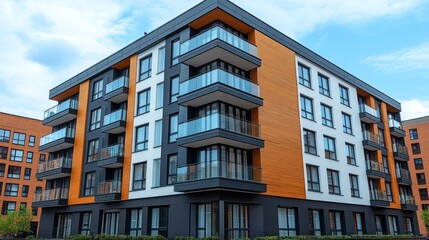 Obraz premium Modern apartment building with balconies and large windows.