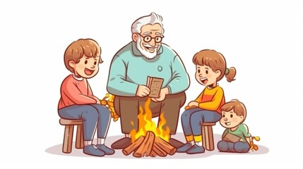 Illustration of a grandfather telling stories around a campfire with his grandchildren, creating a warm, family bonding moment.