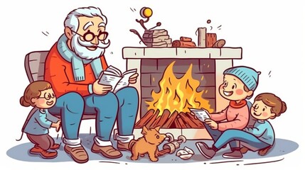 Happy family enjoying stories by the cozy fireplace, with a playful puppy.