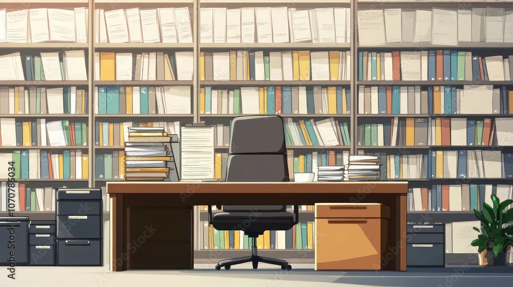 Poster a large office with a desk, chair, and bookshelves filled with books and papers. there are several s