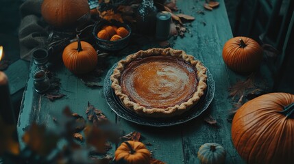 Moody autumn setup with a pumpkin pie, mixed pumpkins, and fall fruits on a distressed green table. Cozy, rustic style with text space.