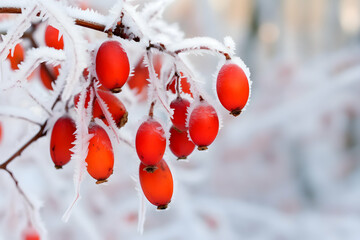 Frost-covered red berries on a branch, set against a snowy background.