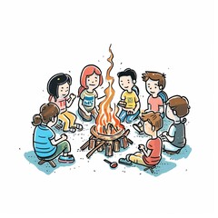 Group of diverse children sitting around a campfire, roasting marshmallows and sharing stories.