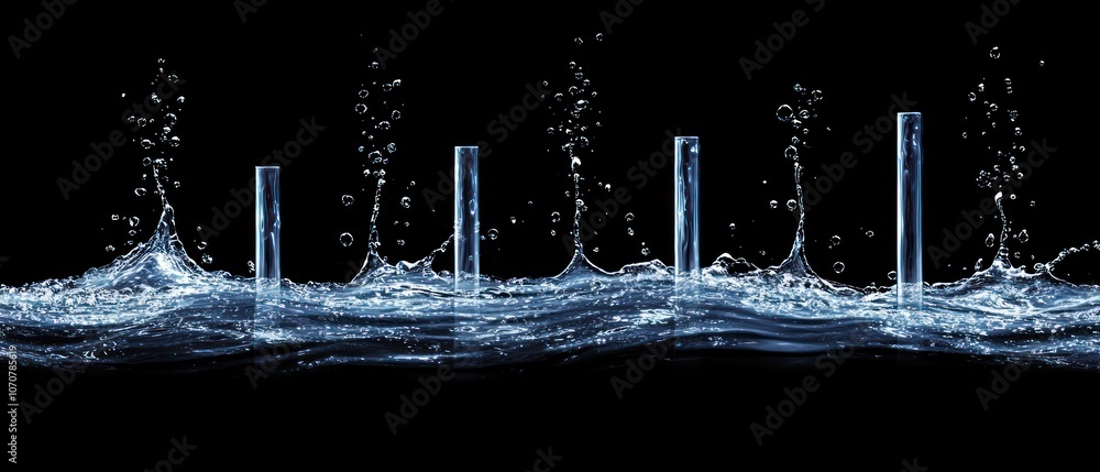 Aufkleber water splashes upward from columns against a black background