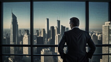 Fototapeta premium Lone executive in an open room, silhouette on city background, businessman concept.