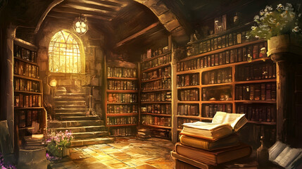 Obraz premium A large, old library with a stone staircase, wooden bookshelves filled with books, and a glowing window.