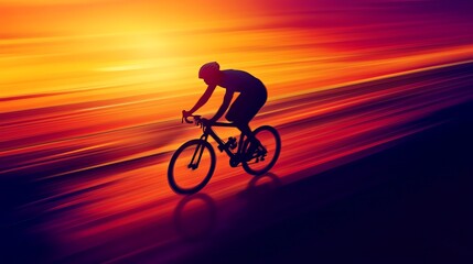 Obraz premium Silhouette of a cyclist riding fast against a dramatic sunset backdrop, conveying motion and freedom.