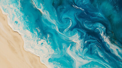 Fototapeta premium Abstract sea background, overhead oil-painted Caribbean shoreline in turquoise blue with sand ripples. 