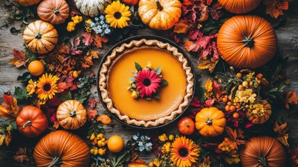 Overhead view of pumpkin pie, pumpkins, and flowers on a distressed table, creating a warm autumn ambiance with ample text space.